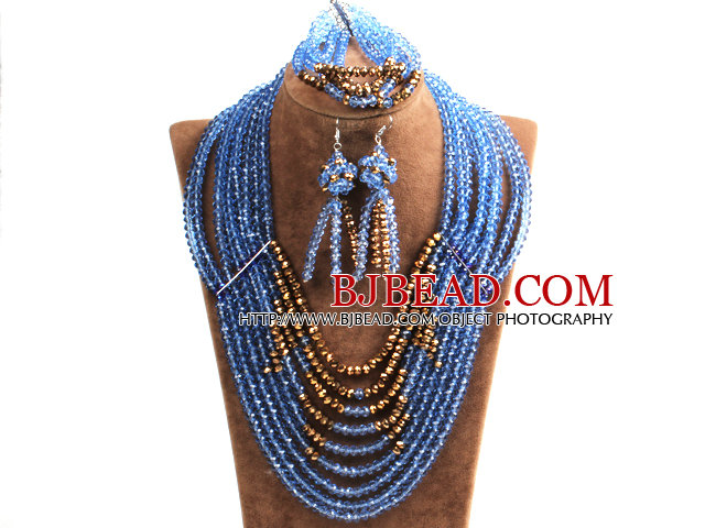 Splendid 8-Row Blue & Golden Crystal Beads African Wedding Jewelry Set (Necklace, Bracelet & Earrings)
