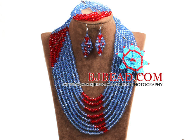 Chic Style Multi Layer Blue & Red Crystal Beads African Wedding Jewelry Set With Statement Crystal Flower (Necklace, Bracelet & Earrings)