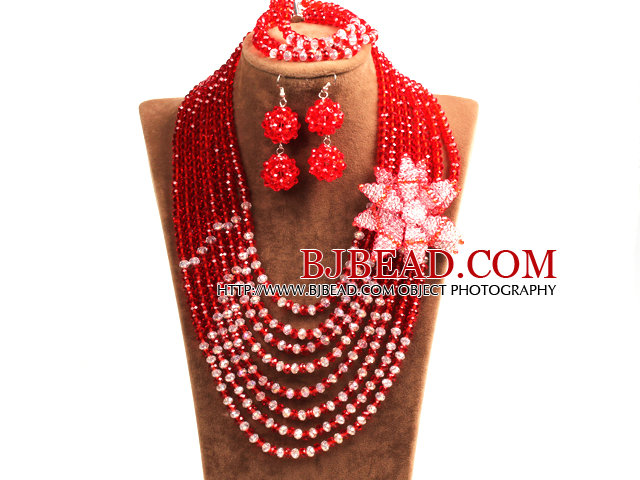 Popular Style Multi Layer Red & White Crystal Beads African Wedding Jewelry Set with Statement Crystal Flower (Necklace, Bracelet & Earrings)
