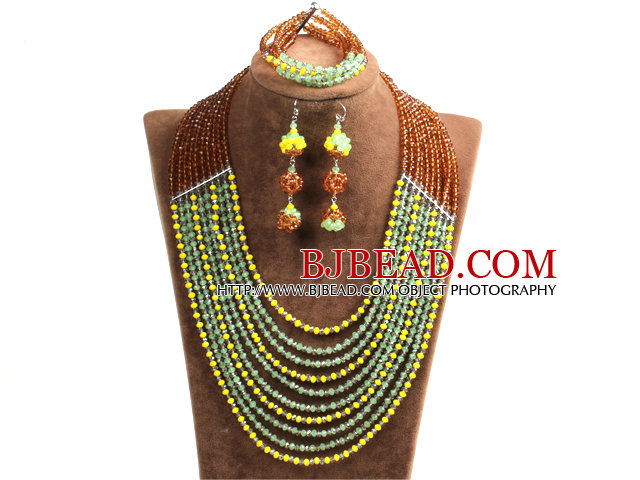 Fashion Shining 10-Row Yellow Brown Green & Silver Crystal Beads African Wedding Jewelry Set (Necklace, Bracelet & Earrings)