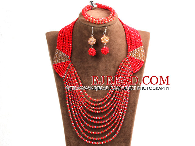 Special Design Terrific Red & Brown Crystal Beads African Wedding Jewelry Set (Necklace, Bracelet & Earrings)