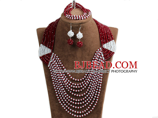 Special Design Terrific Dark Red & White Crystal Beads African Wedding Jewelry Set (Necklace, Bracelet & Earrings)