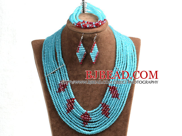 Beautiful Design Multi Layer Blue  & Red Crystal Beads African Wedding Jewelry Set (Necklace, Bracelet & Earrings)