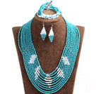 Beautiful Design Multi Layer Blue  & White Crystal Beads African Wedding Jewelry Set (Necklace, Bracelet & Earrings)