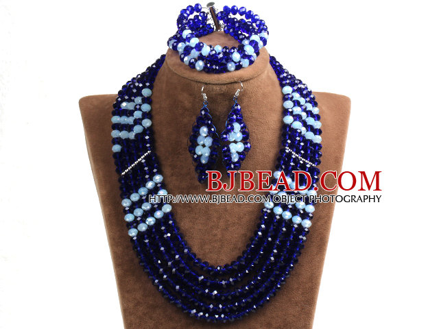 Vintage Style Dark Blue & White Crystal Beads African Costume Jewelry Set (Necklace, Bracelet & Earrings)