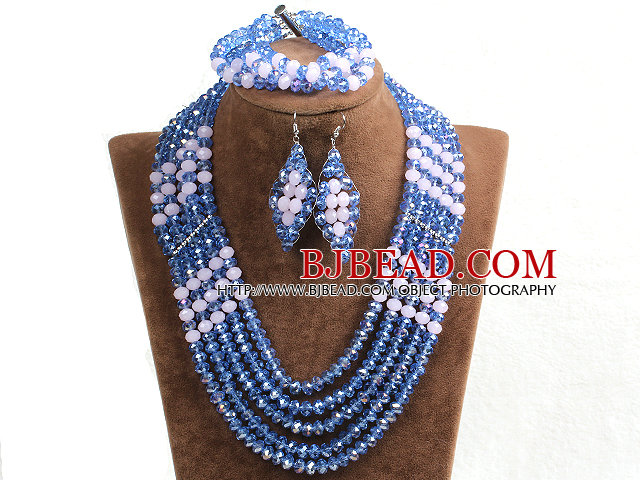 Vintage Style Light Blue & Pink Crystal Beads African Costume Jewelry Set (Necklace, Bracelet & Earrings)