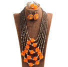 Fabulous Multi Layer Orange Crystal Ball  Dark Brown Crystal Beads Costume Jewelry Set (Necklace, Bracelet & Earrings)