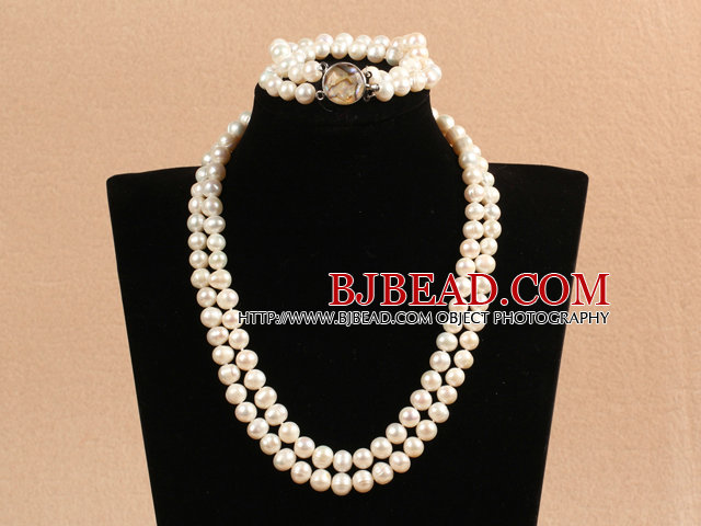 Gorgeous Mother Gift Double Strand 8-9mm Natural White Pearl Wedding Jewelry Set (Necklace & Bracelet)