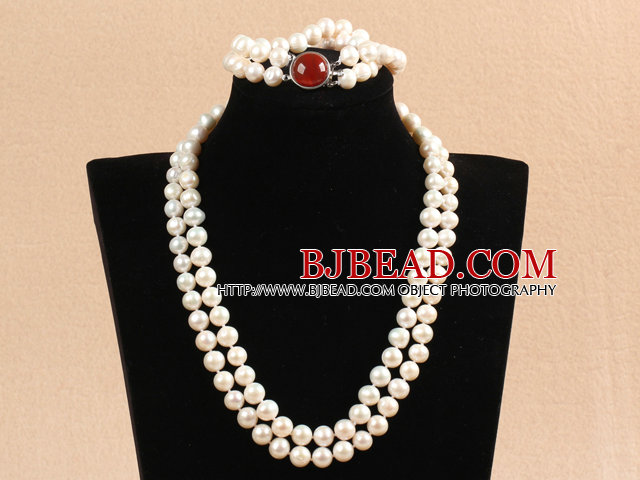 Gorgeous Mother Gift Double Strand 9-10mm Natural White Pearl Wedding Jewelry Set With Red Agate Clasp (Necklace & Bracelet)