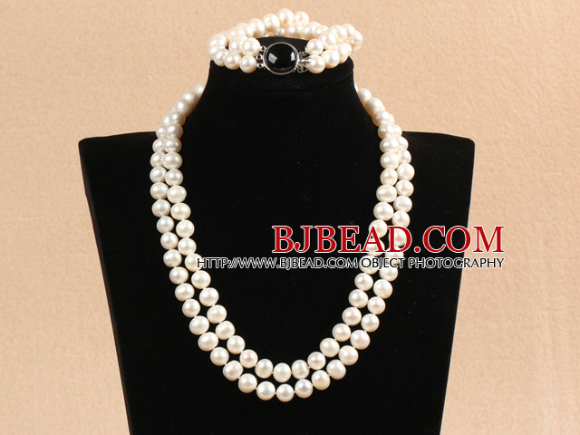Gorgeous Mother Gift Double Strand 9-10mm Natural White Pearl Wedding Jewelry Set With Black Agate Clasp (Necklace & Bracelet)