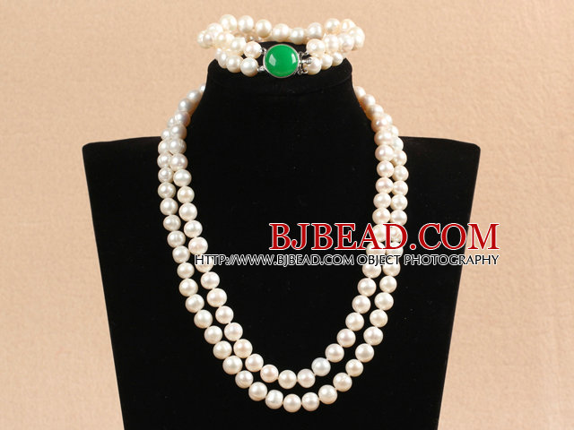 Gorgeous Mother Gift Double Strand 9-10mm Natural White Pearl Wedding Jewelry Set With Green Agate Clasp (Necklace & Bracelet)