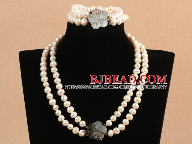 Gorgeous Mother Gift Double Strand 8-9mm Natural White Pearl Wedding Jewelry Set With Shell Flower Clasp (Necklace & Bracelet)