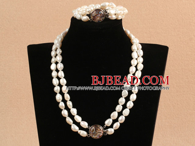 Gorgeous Mother Gift Double Strand Natural White Oblate Baroque Pearl Wedding Jewelry Set (Necklace & Bracelet)