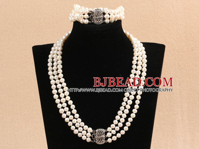 Gorgeous Mother Gift Three Strand 7-8mm Natural White Pearl Wedding Jewelry Set (Necklace & Bracelet)