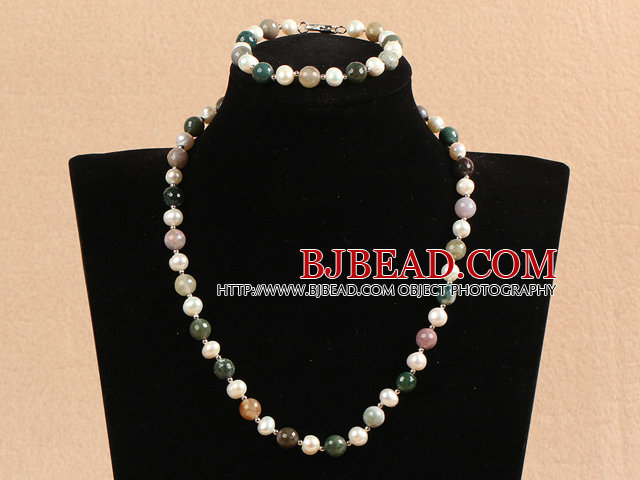 Graceful 7-8mm Natural White Freshwater Pearl Indian Agate Party Jewelry Set (Necklace & Bracelet)