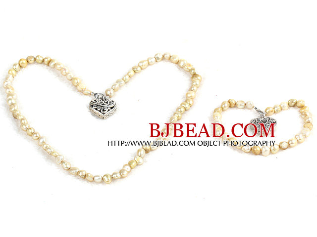 Classic Simple Design Potato Shape Champagne Pearl Necklace & Bracelet Set With Heart Charm