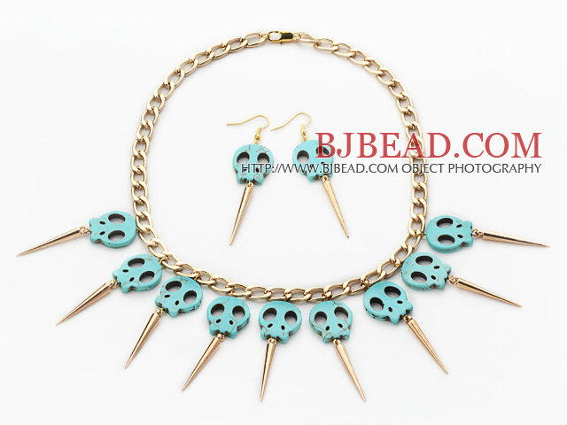 Punk Style Skull Shape Green Turquoise Set with Golden Color Metal Chain