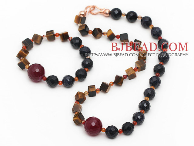 Assorted Faceted Blue Sandstone and Tiger Eye and Black Agate Set ( Necklace and Matched Bracelet )