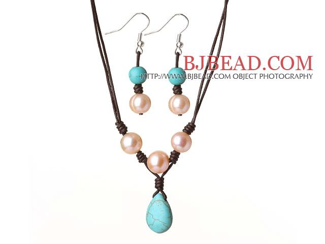 Cute Simple Design Pink Freshwater Pearl and Turquoise Leather Jewelry Set (Necklace with Matched Earrings)