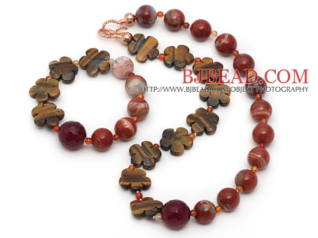 Red Series Assorted Red Jasper and Tiger Eye and Hot Pink Agate Set ( Necklace and Matched Bracelet )