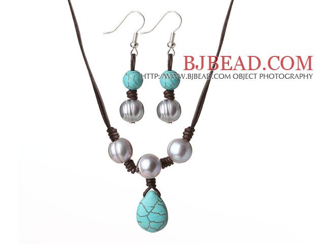Cute Simple Design Grey Freshwater Pearl and Turquoise Leather Jewelry Set (Necklace with Matched Earrings)