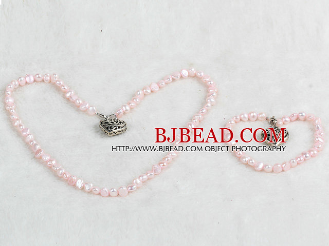 Classic Simple Design Potato Shape Cute Pink Pearl Necklace & Bracelet Set With Heart Charm