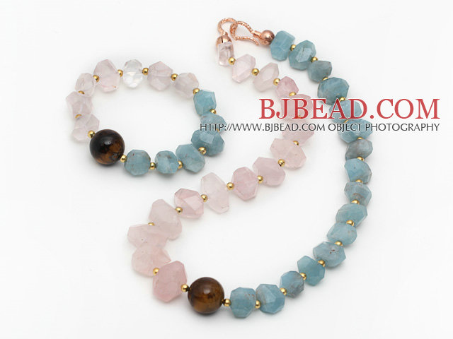 Incidence Angle Rose Quartz and Tiger Eye and Aquamarine Set ( Necklace and Matched Bracelet )