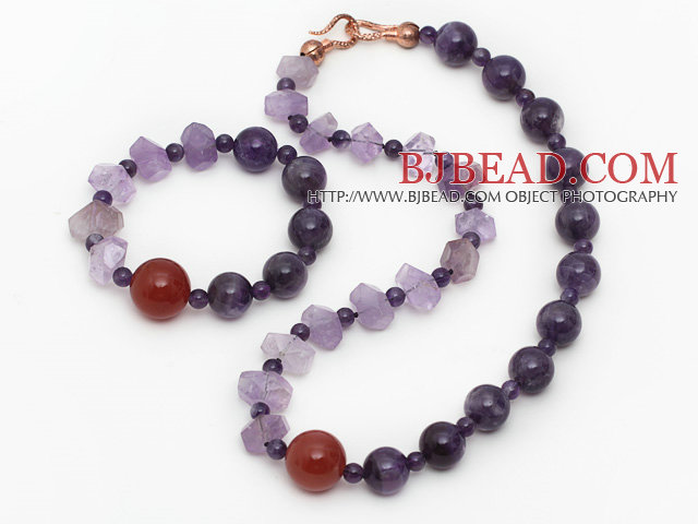 Purple Series Incidence Angle Amethyst and Carnelian Set ( Necklace and Matched Bracelet )