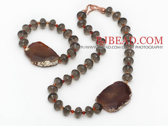 Brown Series Smoky Quartz and Agate Slice Set ( Necklace and Matched Bracelet )