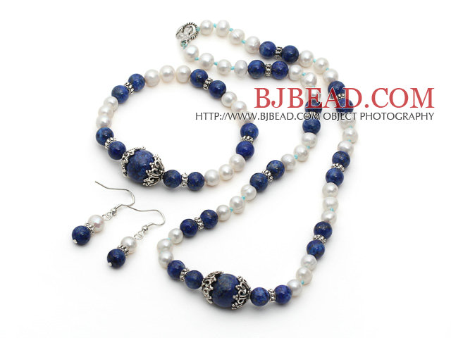 White Freshwater Pearl and Lapis Set ( Necklace Bracelet and Matched Earrings )