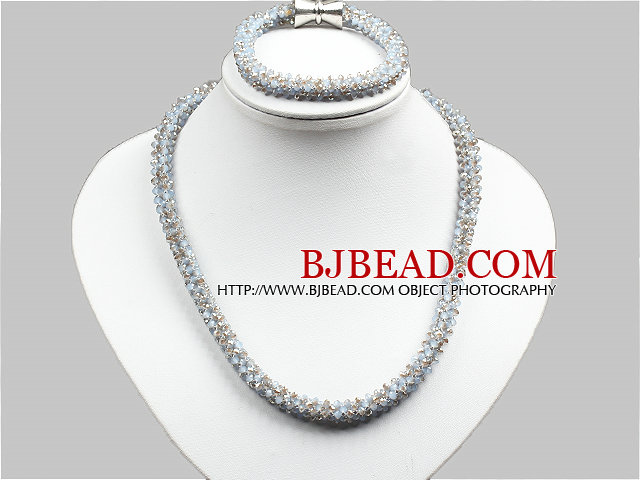 Classic Sparkly Light Blue Grey Jade-Like Crystal Necklace With Matched Bracelet Set