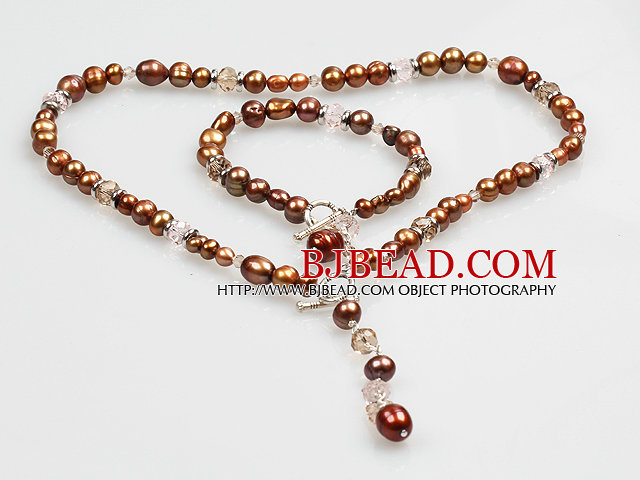 Chic Y Shape Natural Bronze Color Pearl Necklace Bracelet Set With Toggle Clasp