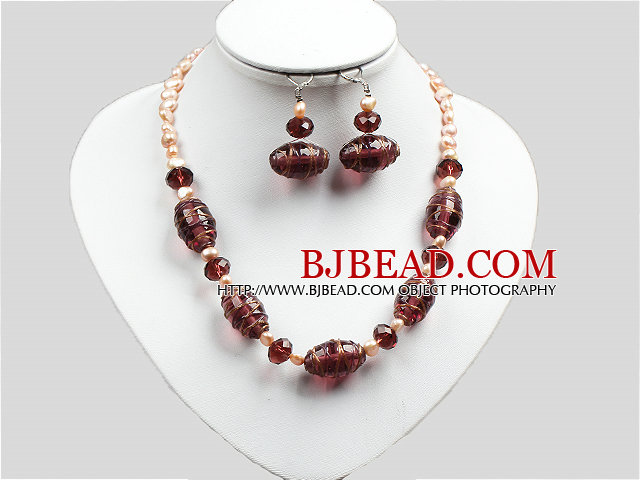 Vintage Style Natural Pink Pearl Crystal And Colored Glaze Necklace And Earrings Set