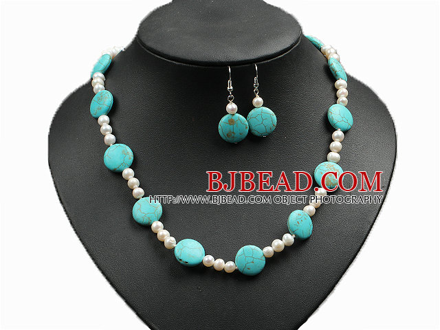 Fashion Simple Natural Freshwater Pearl And Oblate Turquoise Necklace And Earrings Set