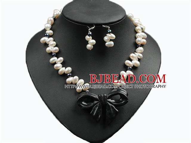 Trendy Style Natural White And Black Pearl Ink Jade Bow Pendant Necklace And Earrings Set