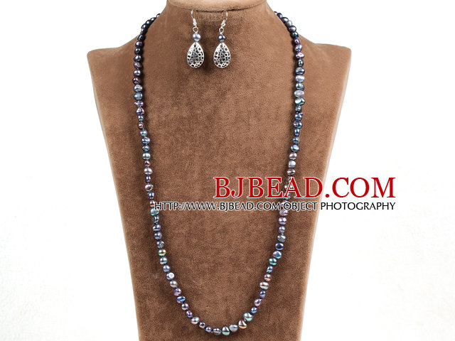 Graceful Long Style Natural Black Freshwater Pearl Jewelty Set (Necklace & Earrings)