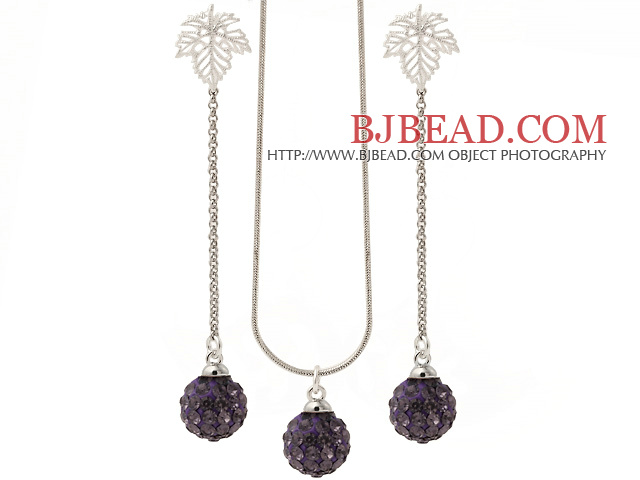 Fashion Polymer Clay Purple Rhinestone Ball Pendant Necklace And Elegant Leaf Studs Earrings Sets