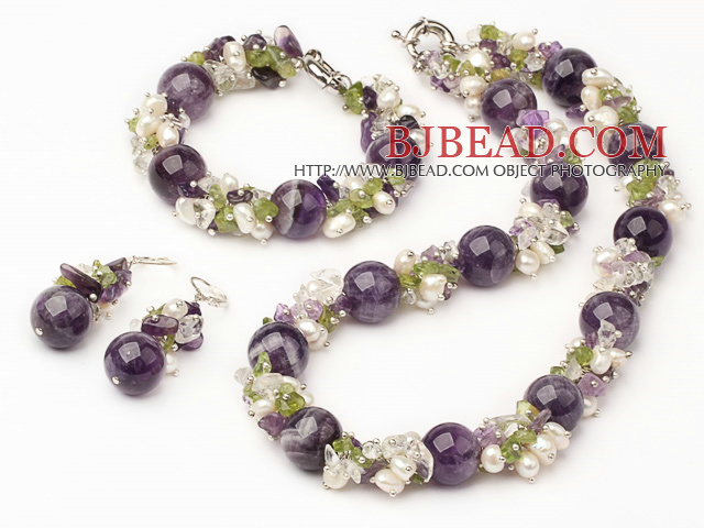 Fashion Round Amethyst And Cluster Freshwater Pearl Olive Sets (Necklace With Matched Bracelet And Earrings)