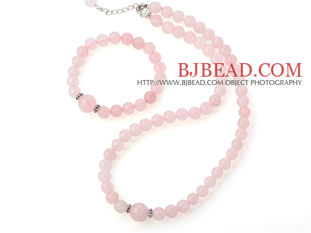 Fashion Round Pure Rose Quartz Beaded Necklace With Matched Elastic Bracelet Jewelry Set