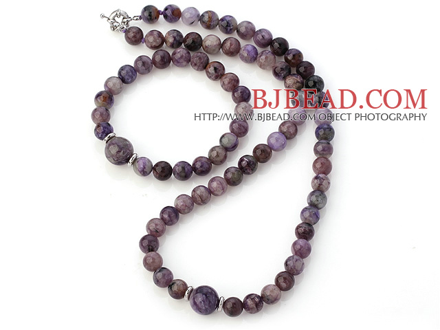 Fashion Round Charoite Beaded Necklace With Matched Elastic Bracelet Jewelry Set