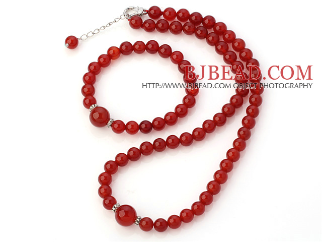 Fashion A Grade Natural Round Red Agate Beaded Necklace With Matched Elastic Bracelet Jewelry Set