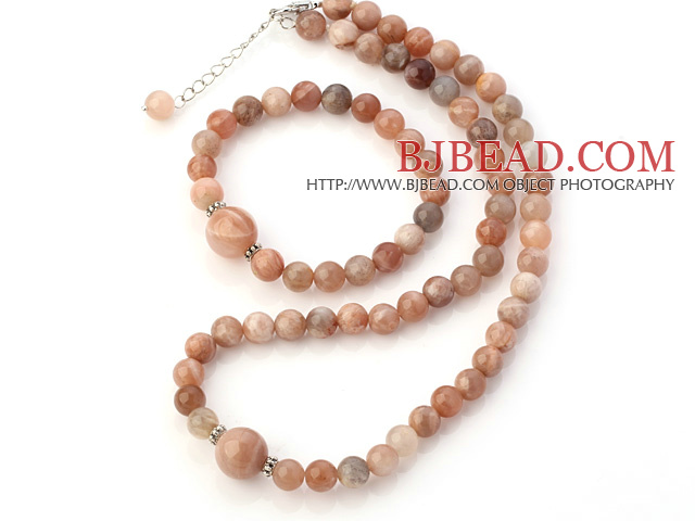 Nice Natural Round Moonstone Beaded Necklace With Matched Elastic Bracelet Jewelry Set