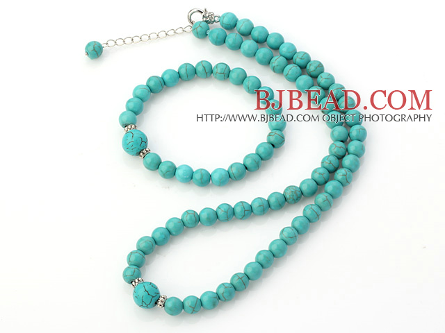 Fashion Natural Round Turquoise Beaded Necklace With Matched Elastic Bracelet Jewelry Set