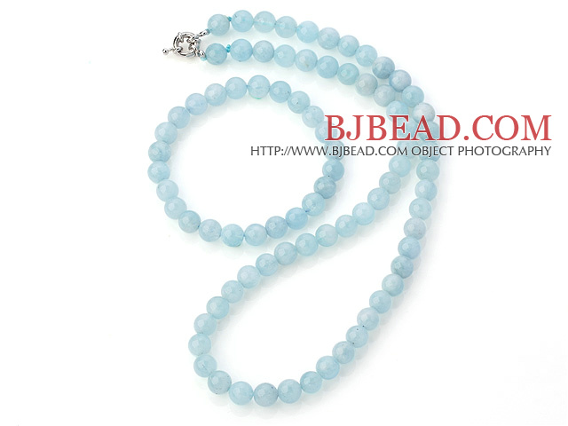Nice Natural A Grade 8mm Round Aquamarine Beaded Necklace With Matched Elastic Bracelet Jewelry Set
