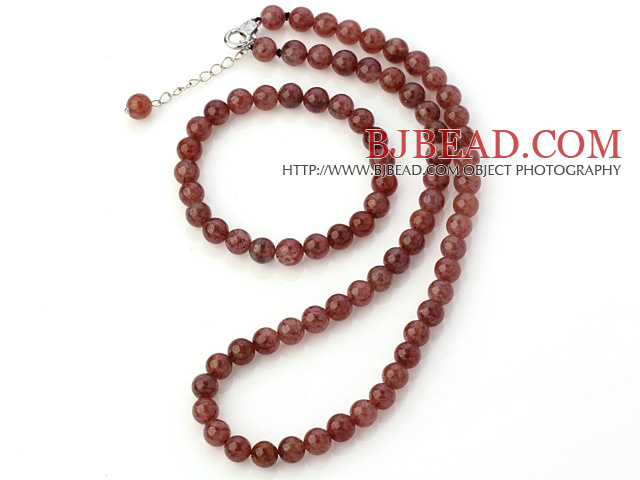 Pretty Natural 8mm Round Strawberry Quartz Beaded Necklace With Matched Elastic Bracelet Jewelry Set