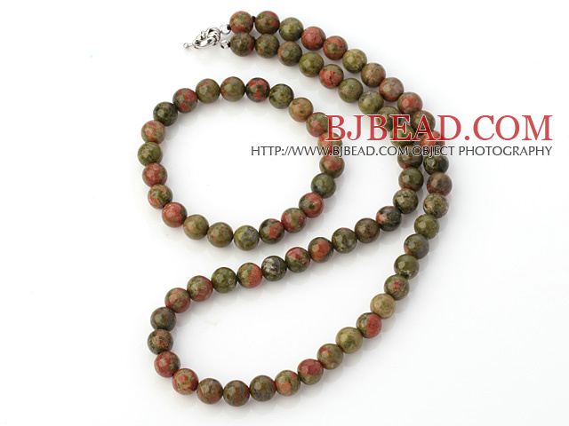 Pretty Natural 8mm Round Green Piebald Stone Beaded Necklace With Matched Elastic Bracelet Jewelry Set