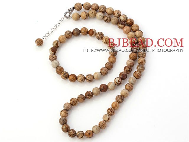 Pretty Natural 8mm Round Picture Jasper Beaded Necklace With Matched Elastic Bracelet Jewelry Set