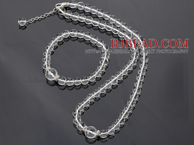 Nice Natural Round White Crystal Beaded Necklace With Matched Elastic Bracelet Jewelry Set