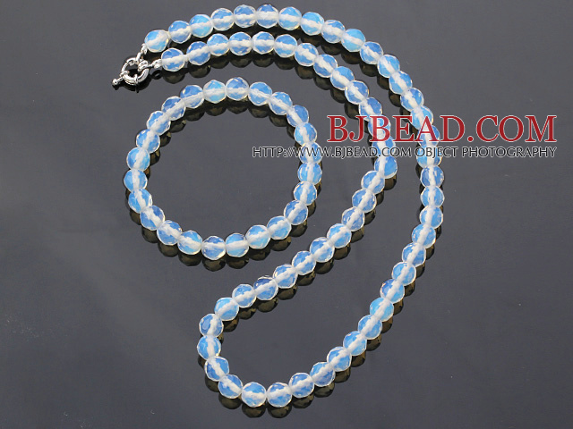 Fashion 7mm Round White Blue Opal Beaded Necklace With Matched Elastic Bracelet Jewelry Set
