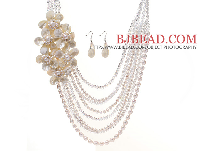 Fashion Multilayer Natural White Freshwater Pearl Crystal And Shell Flower Sets (Necklace With Matched Earrings)
